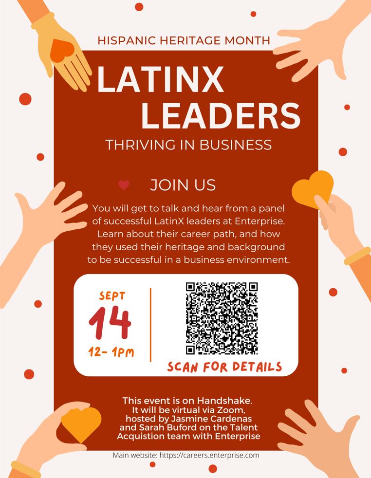 CSUFcareer's tweet photo. Join @enterprisesocalrecruiters on Thurs, 9/14 from 12-1pm via Handshake and Zoommto hear from a panel of successful LatinX leaders at Enterprise! To RSVP: https://t.co/zsZUAKCmPR https://t.co/RMc3zwq2Tt