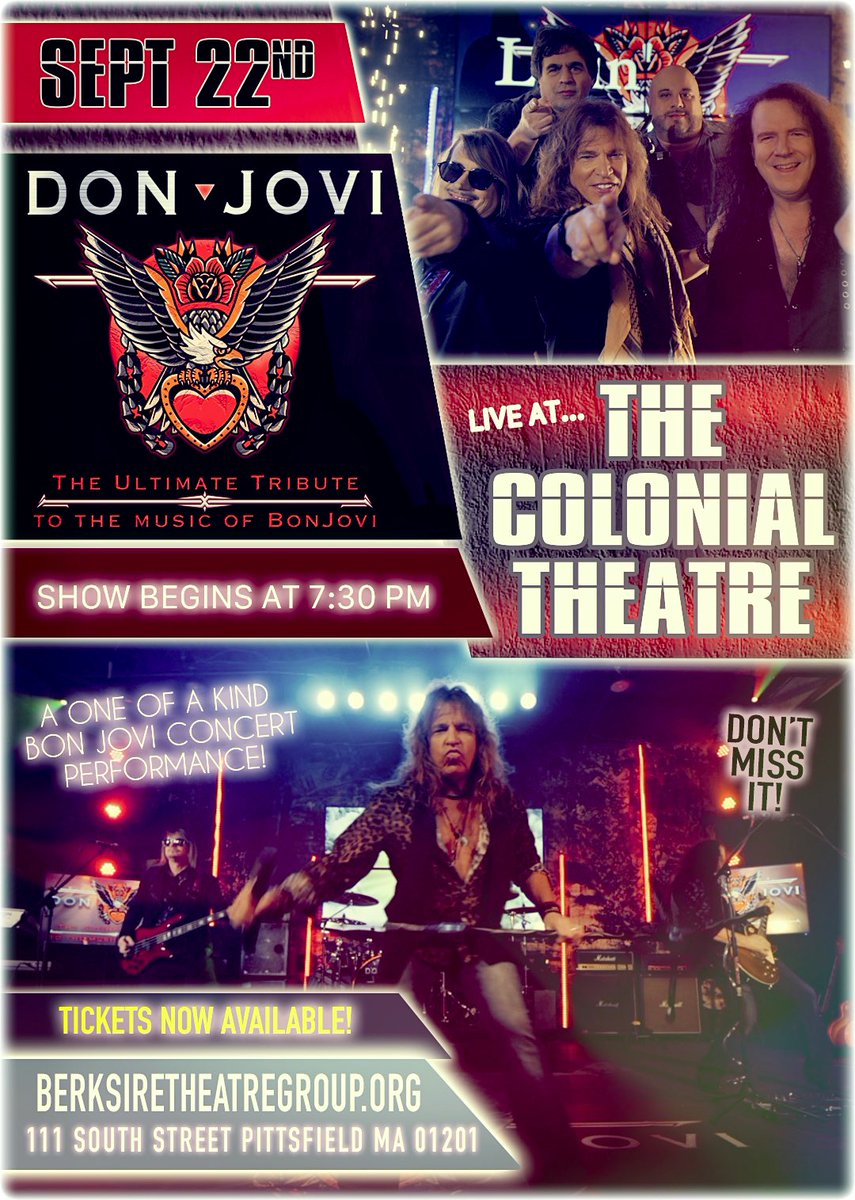 DonChaffin's tweet photo. The Don Jovi band is hitting the road again to perform at the beautiful Berkshire Theatre Group in Pittsfield Massachusetts next Friday Sept. 22 ... it will be great to be back in Mass. to hang with our friends! See you there! For more information , https://t.co/xKeCmdZMck https://t.co/iqCF7APCdQ