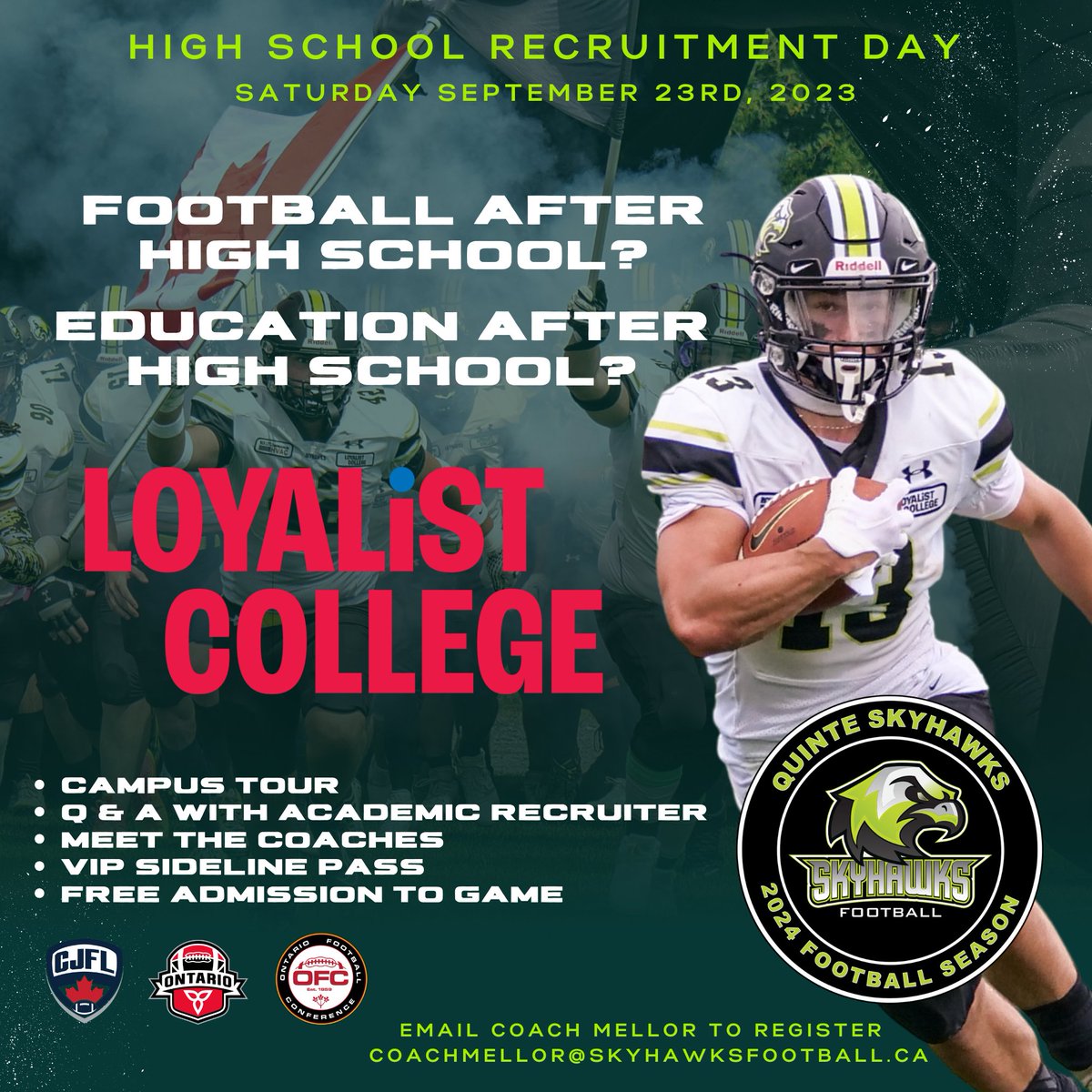 What an opportunity for future ballers! Extending a special invitation for all high school seniors to join us at  our next home game as our guest to hear about all the excitement around <a href="/LoyalistCollege/">Loyalist College</a> and Skyhawks football! Msg Coach <a href="/SeanMellor14/">Sean Mellor</a> to register!