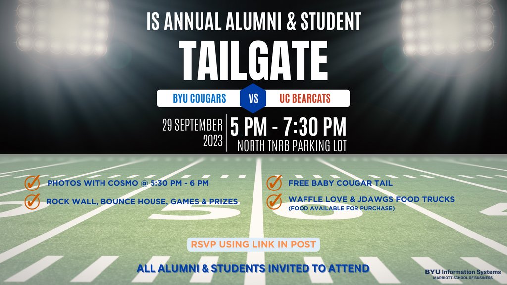 BYU_IS's tweet photo. Join us before the BYU vs. Cincinnati football game in the Tanner Building North Parking Lot. Baby Cougar Tails, Rockwall, Bounce House, and Pepper the IS Robot! Food is available for purchase from Waffle Love and JDawgs.⁠
⁠
Register here: https://t.co/78o7WfiaBl https://t.co/t7qjNQkz2v