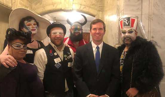ky_statesman's tweet photo. I'm old enough to remember when the woke Governor of Kentucky [Deacon] @AndyBeshearKY posed for this photo with the anti-Christian Sisters of Perpetual Indulgence and happily admitted that he would do it again when asked . #MakeKentuckyCalifornia #kygov https://t.co/054zFN3CA0