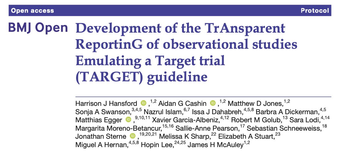 👀Development of the TARGET reporting guideline👀 We've assembled an all-star team to develop a #reportingguideline for observational studies explicitly aiming to emulate a target trial. Reporting of these studies is variable #epitwitter #causalinference doi.org/10.1136/bmjope…
