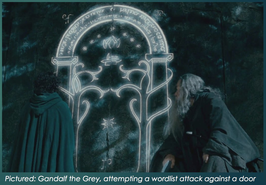 nyxgeek's tweet photo. Gandalf the Grey performing the first recorded password attack. Circa Third Age 3019, West Gate of Moria. https://t.co/bH3tR5lVrP