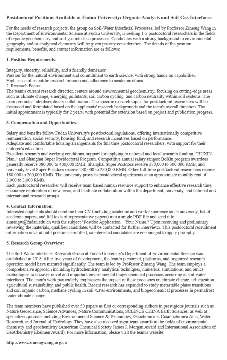 zimengwang's tweet photo. My group is seeking 1-2 postdoctoral researchers to work with gas-soil interfacial processes under climate change. Organic geochemistry expertise will be highly appreciated. Thanks for recommending and referral. https://t.co/v5uRSiNhIO