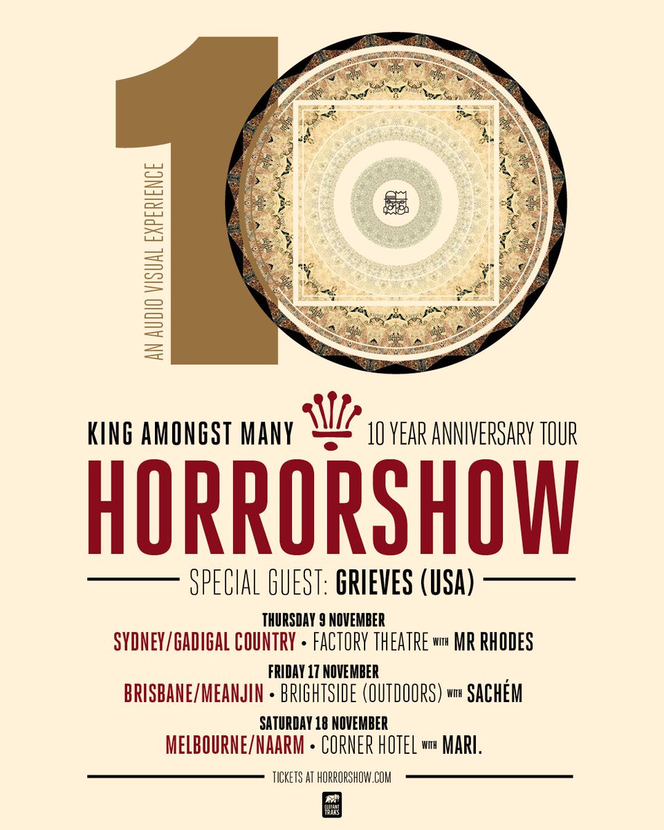 One of our most cherished and celebrated albums King Amongst Many is 10! So we're doing shows w/ @grievesmusic!

+ very dope local opening supports from Mari. <a href="/MrRhodesMusic/">Mr Rhodes.</a> and <a href="/Sforsachem/">Sachém</a>

Tix go on sale TOMORROW (14/09) at 10AM. Let’s make some history horrorshow.com