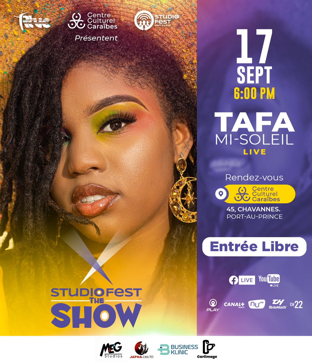 SoleilTafa's tweet photo. #StudioFest men nou wi! Nou nan lakou a 🎵🎶💃🏾🕺🏾. Randevou dimanch 17 Septanm k ap vini la pou yon bèl spektak! N ap tann tout moun ki kapab la. Si w pa ka la, ou kapab branche @rtvchaiti live! 💛💜 https://t.co/ve93btUOqC