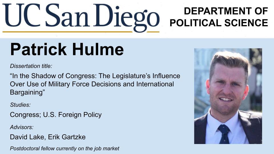 ucsandiegoplsc's tweet photo. Patrick studies how Congress affects the President's willingness to use military force and the outcomes of crises. His job market paper shows that presidents are heavily influenced by congressional sentiment even when acting unilaterally https://t.co/5bpFIcoujd
@mphulme
#psjminfo https://t.co/JprZKq988e