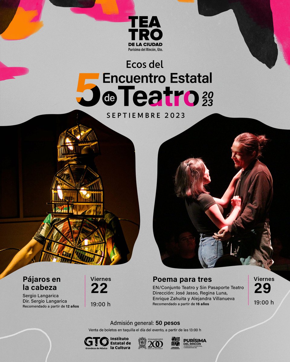 En septiembre recibiremos a los montajes triunfadores del Encuentro Estatal de Teatro. Aparta las fechas para disfrutar de "Pájaros en la cabeza" y "Poema para tres". Boletos en taquilla el día del evento.