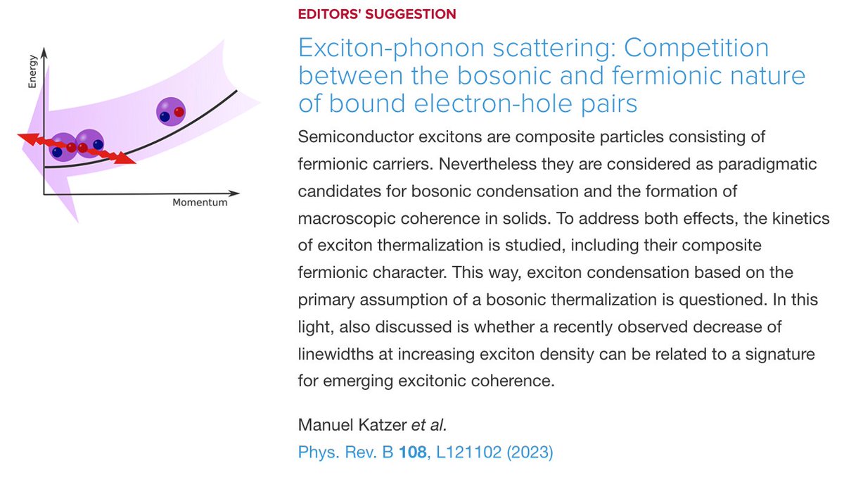 PhysRevB's tweet photo. PRB Editors' Suggestion: #Exciton-#phonon scattering: Competition between the #bosonic and #fermionic nature of bound #electron-#hole pairs
M. Katzer, M. Selig, L. Sigl et al.,
Phys. Rev. B 108, L121102
➡️ https://t.co/v7gq9T2F72
#PRBLetter #EdSugg #condmat #physics @APSPhysics https://t.co/dTuL7TeU6a
