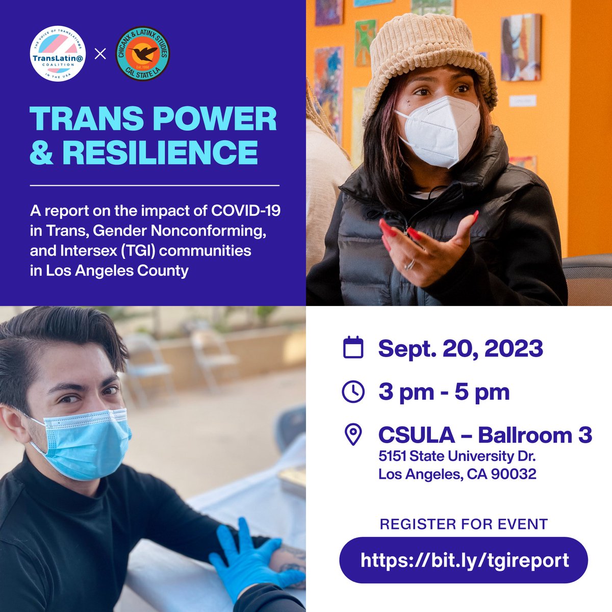 TransLatina_C's tweet image. Discover the impact of COVID-19 on the TGI community in LA. Join us &amp;amp; the TransLatin@ Coalition at #CalStateLA. Let's foster hope &amp;amp; unity! 💫

📅 Sept. 20
⏰ 3-5 pm
📍 CSULA, Ballroom 3 - 5151 State University Dr. Los Angeles, CA 90032