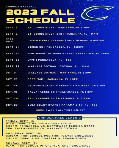 Fall season is in full swing! Don’t miss your chance to get an early look at the 2023-24 Chipola Indians! Full Fall schedule and Chipola Fall Classic schedule below!