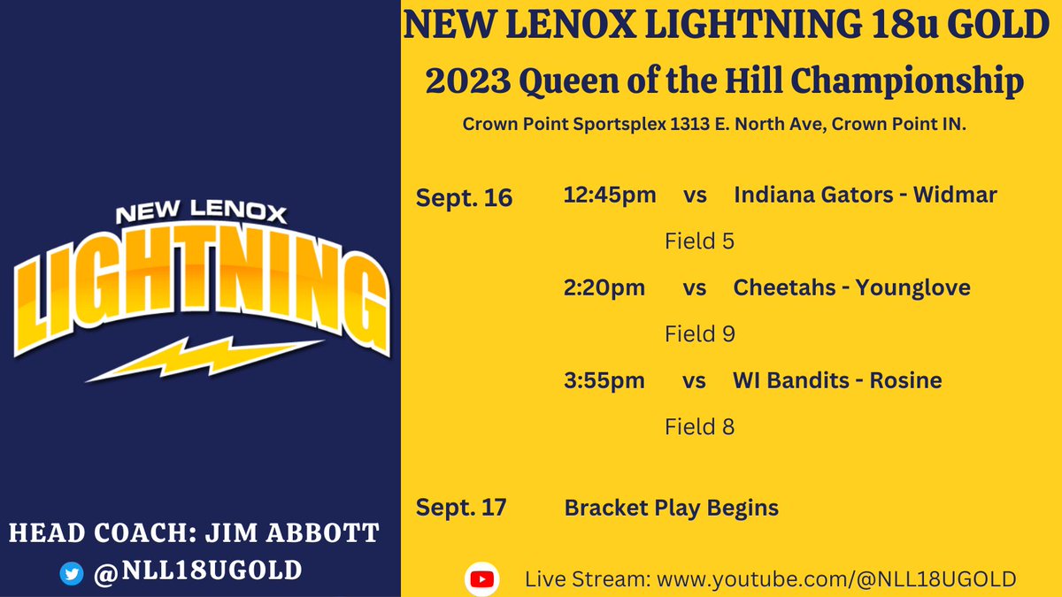 NLL18UGold's tweet image. 2023 season opener this weekend in Crown Point, IN. Here is our schedule for Queen of the Hill Championship ⚡️