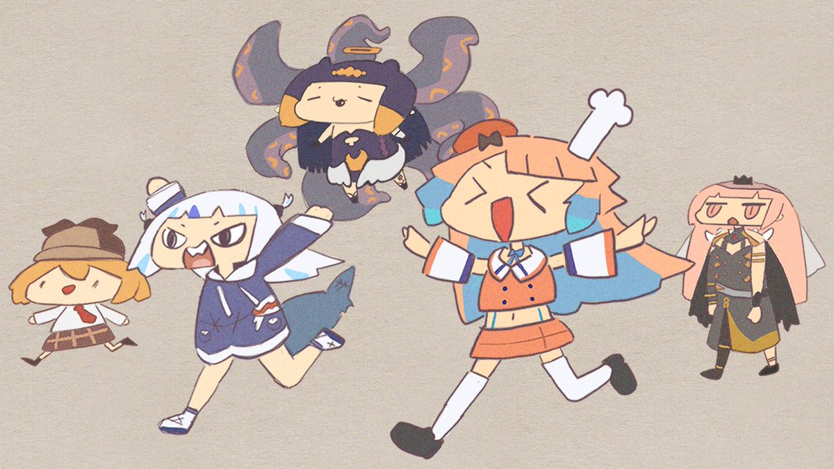 がうるぐら ,森美声 ,一伊那尓栖 ,小鳥遊キアラ ,ワトソン・アメリア 「HAPPY 3RD ANNIVERSARY !#ameliaRT #gawrt 」|mkm(みかみ)のイラスト