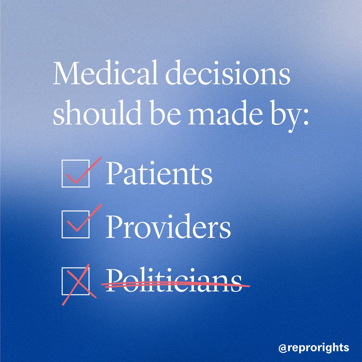 Decisions about your health, life, and future should be made by you and your doctor, not politicians with no medical training. This week, @ReproRights launched new legal action in ID, OK, and TN to keep bureaucrats out of the exam room. Get involved: Join the forward fight -…