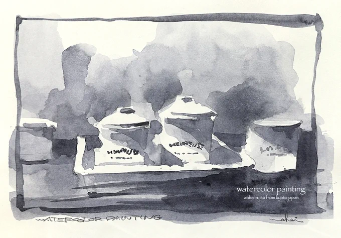 ルーズペインティング。雑貨店のホーロー容器。 #Watercolor #スケッチ #水彩画 #水彩画ワークショップ #京都の絵画教室  #淡彩略画  #透明水彩 #京都水彩画塾 #藤田わへい #新規塾生募集中 