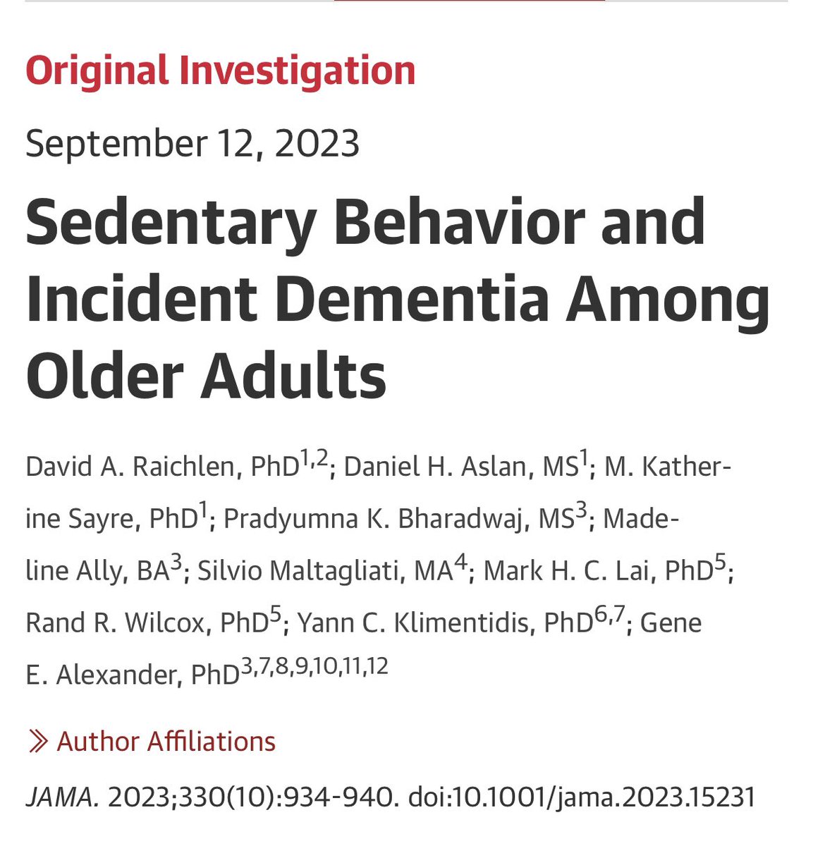 Silvio Maltagliati (@maltagliati_s) on Twitter photo What a great way to start my postdoc at USC with <a href="/DavidRaichlen/">David Raichlen</a>! Our dose-response analysis of the association between sedentary behaviors and dementia is now out in JAMA 🪑
Link to the paper: jamanetwork.com/journals/jama/… What a great way to start my postdoc at USC with <a href="/DavidRaichlen/">David Raichlen</a>! Our dose-response analysis of the association between sedentary behaviors and dementia is now out in JAMA 🪑
Link to the paper: jamanetwork.com/journals/jama/…