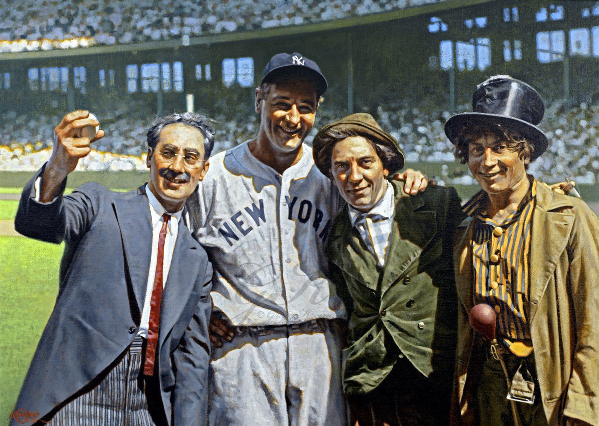 GraigKreindler's tweet photo. Here’s my painting of Groucho Marx, Lou Gehrig, Chico Marx and Harpo Marx at Cleveland Municipal Stadium on August 2, 1936. Because why not? https://t.co/72rFfXoz8Q