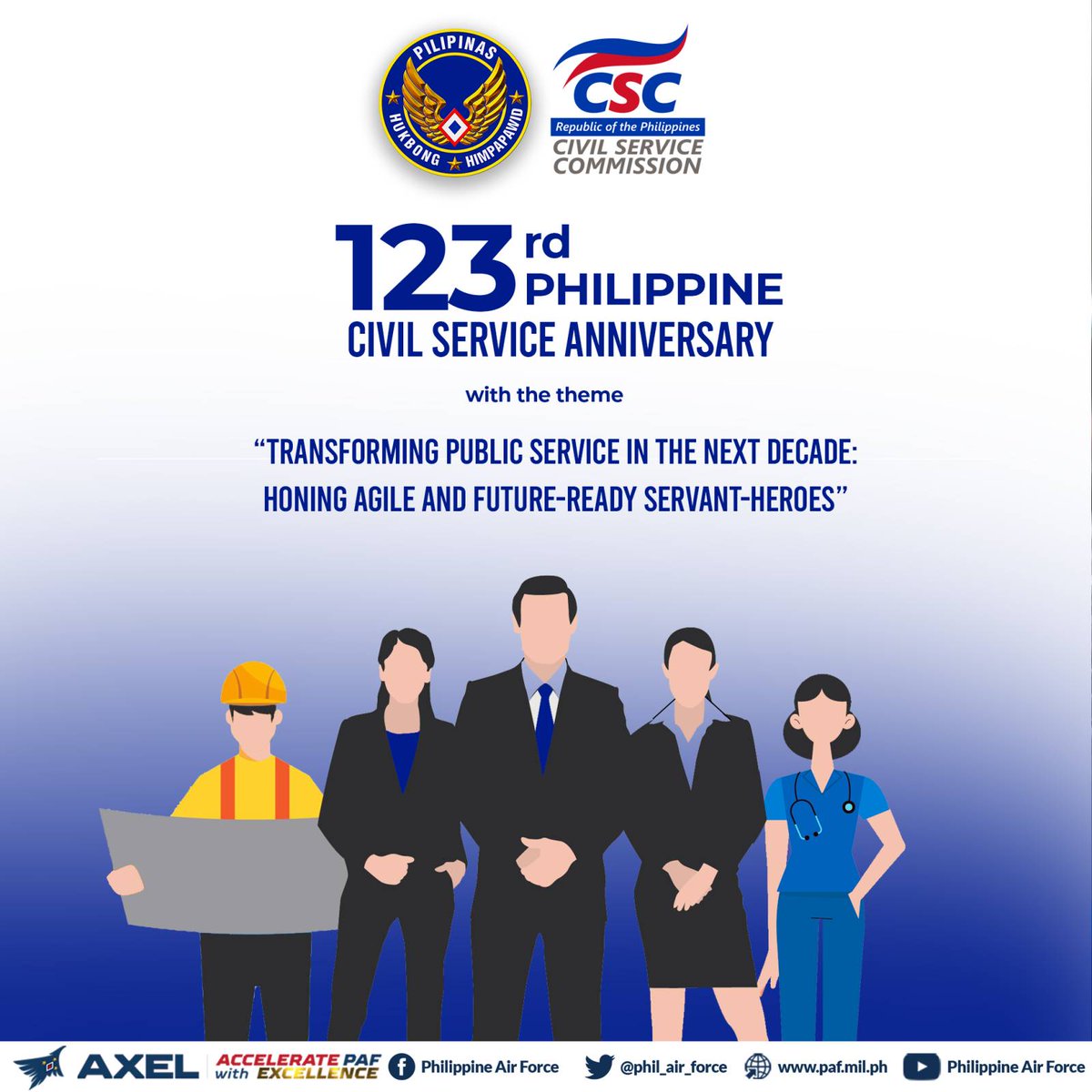 PhilAirForce's tweet photo. The Philippine Air Force (PAF) joins the month-long celebration of the 123rd Philippine Civil Service Anniversary 2023 with the theme, "Transforming Public Service in the next Decade: Honing Agile and Future-Ready Servant-Heroes".
#AcceleratewithExcellence
#pcsa2023 https://t.co/50q9O0vZeN