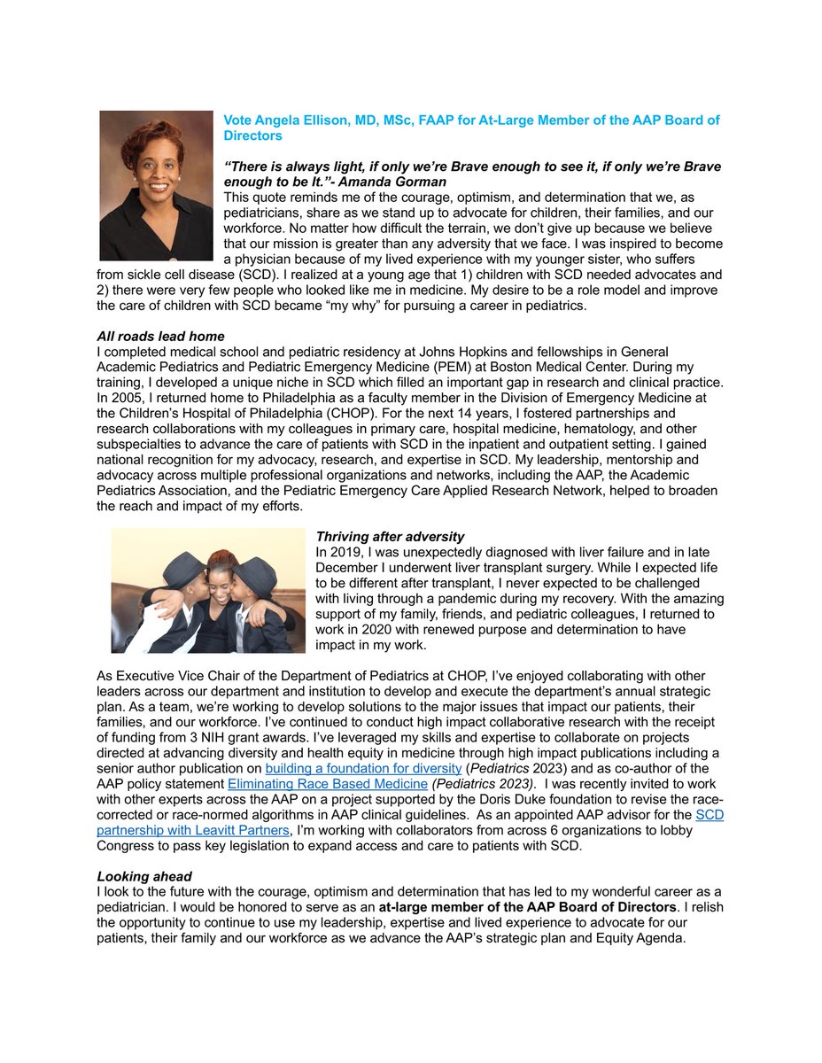 Marleny Franco, MD (@mfrancomd) on Twitter photo So excited to support Dr. Angela Ellison, MD, MSc, FAAP for an At-Large seat on the Board of Directors for the <a href="/AmerAcadPeds/">American Academy of Pediatrics</a>. An outstanding mentor, children’s advocate, clinician, researcher, and educator, she is the ideal candidate. Election runs 9/13 to 9/27. So excited to support Dr. Angela Ellison, MD, MSc, FAAP for an At-Large seat on the Board of Directors for the <a href="/AmerAcadPeds/">American Academy of Pediatrics</a>. An outstanding mentor, children’s advocate, clinician, researcher, and educator, she is the ideal candidate. Election runs 9/13 to 9/27.