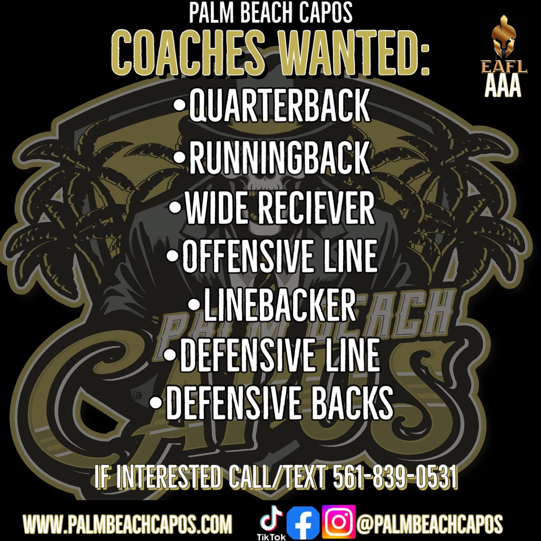 PalmBeachCapos's tweet photo. Want to make an impact beyond coaching youth/high school ball? We're still looking to fill out position coaches for our adult amateur tackle football team. All players are 18+, coachable and wanting to go to next level. https://t.co/yj9ZrjmODs