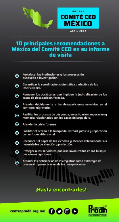 Mañana inicia la evaluación del Comité de la #ONU vs la #DesapariciónForzada, en seguimiento a su visita a Mx. En su informe, el #ComiteCED recomendó crear una Política Nacional para prevenir y erradicar este flagelo de más de #100milPersonasDesaparecidas

bit.ly/VisitaCEDMX