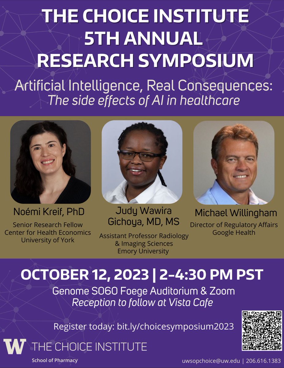 Join #UWCHOICE <a href="/UW_Pharmacy/">UW School of Pharmacy</a> for our 5th Annual Symposium on Oct. 12!  

Artificial Intelligence, Real Consequences: The side effects of AI in healthcare

This hybrid event is open to the public, registration required: bit.ly/choicesymposiu…

<a href="/Basucally/">Anirban Basu</a> <a href="/AasthaaLaVista/">Aasthaa Bansal</a> <a href="/nkreif/">Noemi Kreif</a>