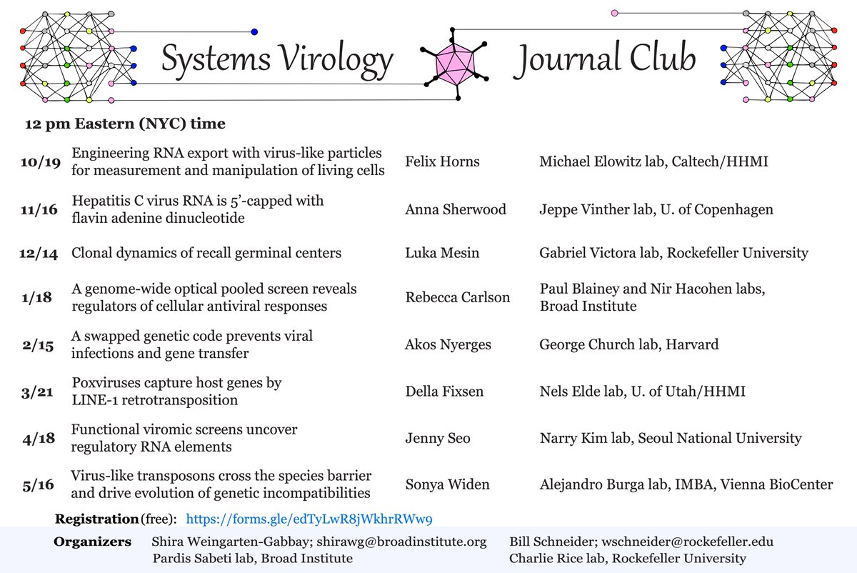 @wm_schneider and I are happy to announce the 6th series of the Systems Virology Journal Club! ✨ Join us to learn about the exciting research at the intersection of virology and systems biology. Registration (free): forms.gle/edTyLwR8jWkhrR…… Webpage: shiraweingartengabbay.com/systems-virolo…