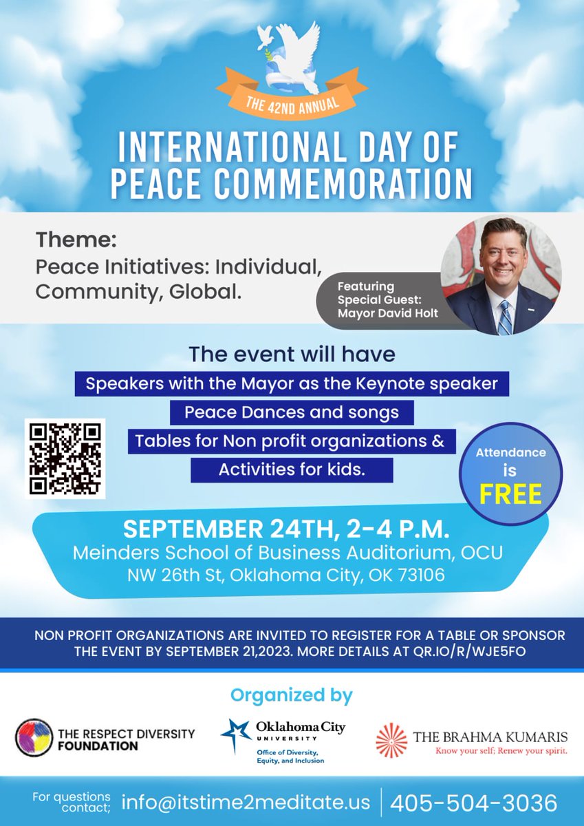 International Day of Peace Event on Sep 24, Sunday 2-4 PM at Meinders auditorium, OCU, OKC. Join us and take part in this wonderful event. Free attendance. 
#idp2023 #internationaldayofpeace #ocu #okstate #Oklahoma #OklahomaCity #oklahomaevents