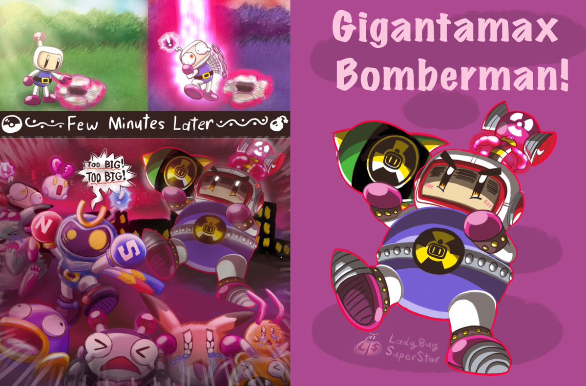LadyBugSuperSt1's tweet photo. If Bomberman can Gigantamax like in Pokémon Sword and Shield!
⚔️💣🛡️
#BombermanTakeover #Bomberman #White #Magnet #WhiteBomberman #black #louie #pommy #ballom #kepo @Konami @Hudsonsoft #superbombermanr2 #SBR2 #fanart #Pokemon #Nintendo https://t.co/Cm1PDYuwGg
