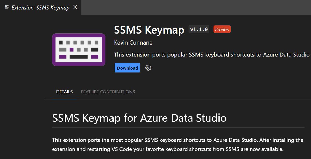 erinstellato's tweet photo. 🌪️Azure Data Studio users!  Did you know there is an extension to change keyboard shortcuts to be the same as those in SSMS?  Check it out, and tell your friends and colleagues! https://t.co/YtFp9vHHKX