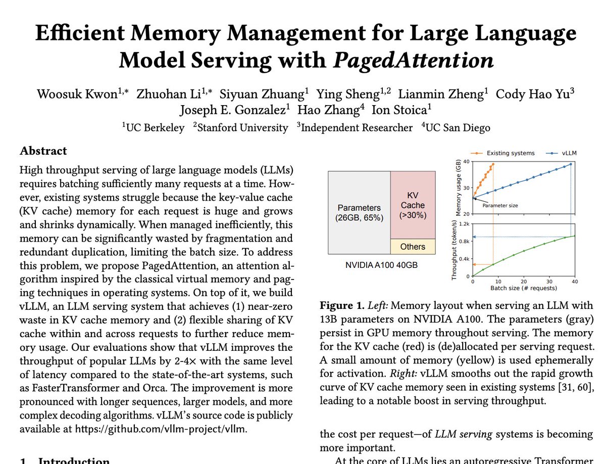 _akhaliq's tweet photo. Efficient Memory Management for Large Language Model Serving with PagedAttention

paper page: https://t.co/Ab4u51yZDp

High throughput serving of large language models (LLMs) requires batching sufficiently many requests at a time. However, existing systems struggle because the key-value cache (KV cache) memory for each request is huge and grows and shrinks dynamically. When managed inefficiently, this memory can be significantly wasted by fragmentation and redundant duplication, limiting the batch size. To address this problem, we propose PagedAttention, an attention algorithm inspired by the classical virtual memory and paging techniques in operating systems. On top of it, we build vLLM, an LLM serving system that achieves (1) near-zero waste in KV cache memory and (2) flexible sharing of KV cache within and across requests to further reduce memory usage. Our evaluations show that vLLM improves the throughput of popular LLMs by 2-4times with the same level of latency compared to the state-of-the-art systems, such as FasterTransformer and Orca. The improvement is more pronounced with longer sequences, larger models, and more complex decoding algorithms.