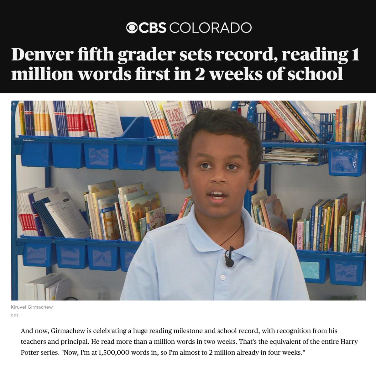 GovofCO's tweet image. As an avid reader, I respect Denver’s own Kiruvel Girmachew, a fifth grader at Rocky Mountain Prep Creekside Elementary Charter School, who has read more than a million words in two weeks!

What a remarkable achievement!

ow.ly/B4JQ50PKEhk