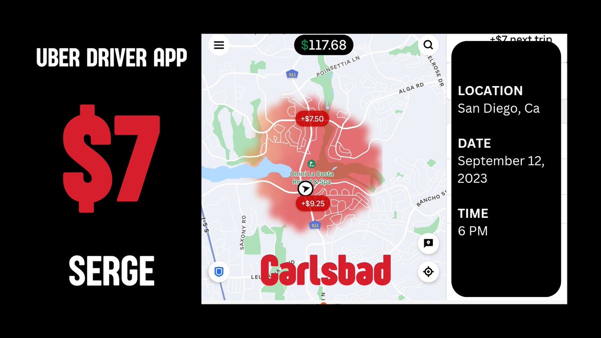 ridexserve's tweet photo. Driving in San Diego, CA? 🚗 

Saw a $7 surge near Omni La Costa Resort &amp; Spa this afternoon! If you're looking for a hotspot, consider Carlsbad, or Oceanside Between 7-9 AM
@ridexserve @TheRideshareGuy @sergioaved @Aacreation911
#uberdriverapp https://t.co/32KUw5yQ4W