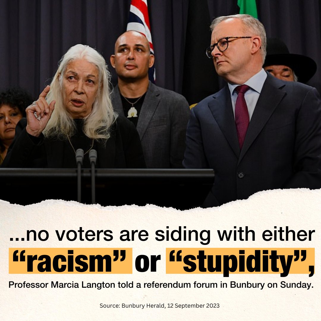 According to leading 'yes' advocate, Professor Marcia Langton, if you’re voting ‘no’, you’re either racist or stupid. That’s what she told an event organised by Labor MP, Don Punch, in Bunbury. Australians should be free to make up their own minds based on facts, not insults.