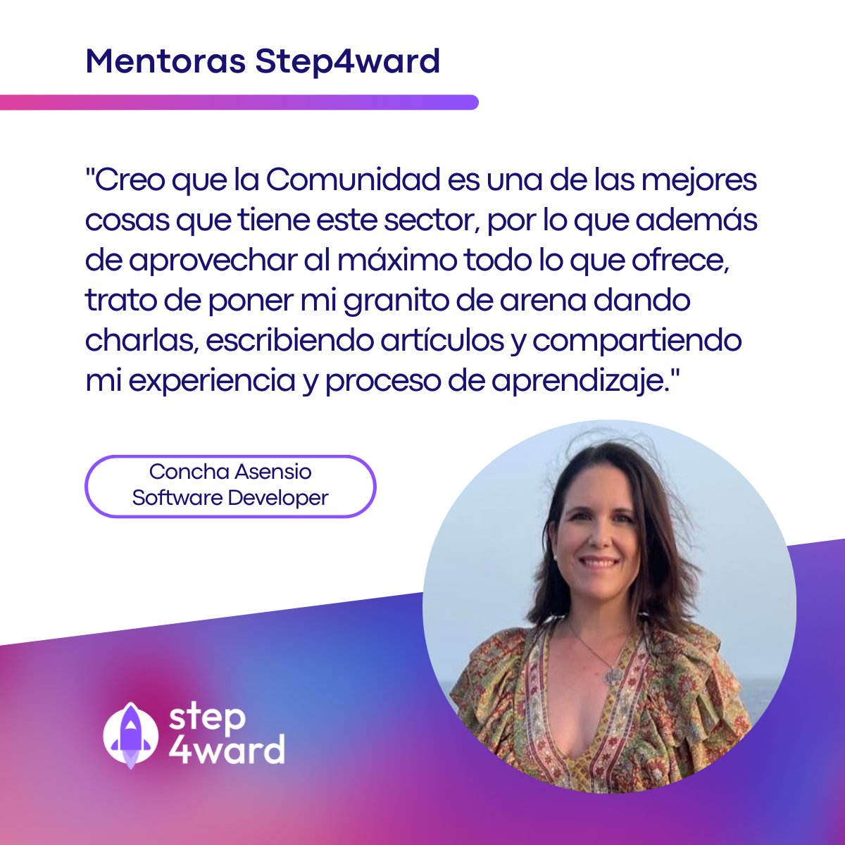 Step4ward_ES's tweet photo. Nuestra red de mentoras crece cada día, y se ha sumado a ella @conchaasensio a quién tuvimos como invitada en uno de nuestros #Step4wardtalks ya que hizo un impresionante giro en su carrera: "de abogada a desarrolladora".
Conoce un poco más de ella 👀https://t.co/vQZiZSUGDW https://t.co/lPUIjrYxUi