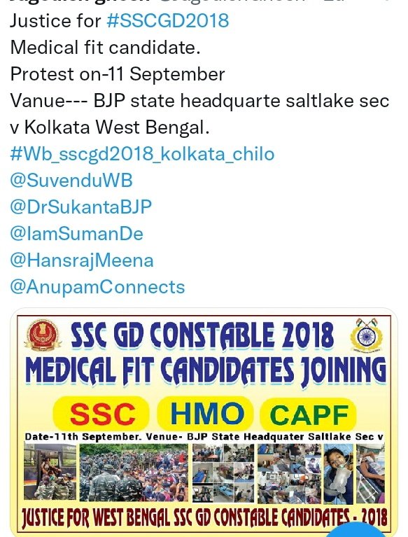 #SSCGD2018
SSC gd18 medical fit candidate KO joining do sir please 🇮🇳🙏 waiting list jari kijiye sir please 🇮🇳🙏 joining do sir 🇮🇳🙏
<a href="/HMOIndia/">गृहमंत्री कार्यालय, HMO India</a> 
<a href="/PMOIndia/">PMO India</a> 
<a href="/RahulGandhi/">Rahul Gandhi</a> 
<a href="/priyankagandhi/">Priyanka Gandhi Vadra</a> 
<a href="/rashtrapatibhvn/">President of India</a> 
<a href="/SSCorg_in/">SSC News</a> 
<a href="/rajnathsingh/">Rajnath Singh</a> 
Please joining do sir 🇮🇳🙏