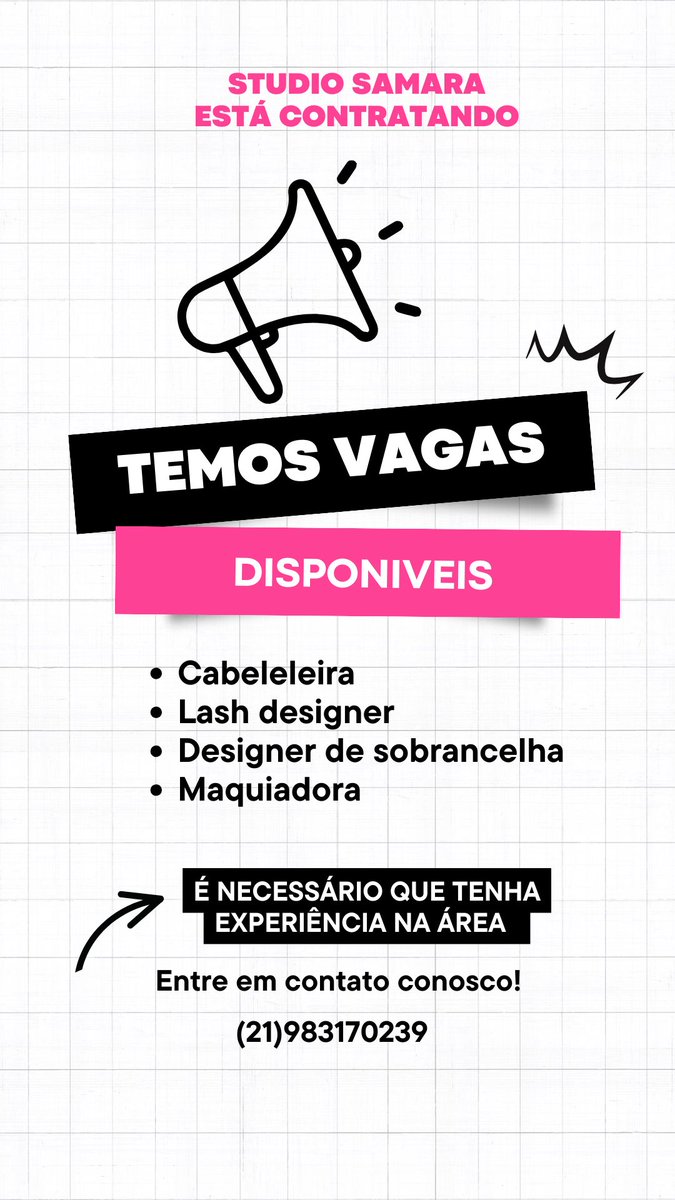 VAGAS DISPONÍVEIS NO STUDIO SAMARA 🩷

• Cabeleleira 
• Maquiadora 
• Lash designer 
• Designer de sobrancelha