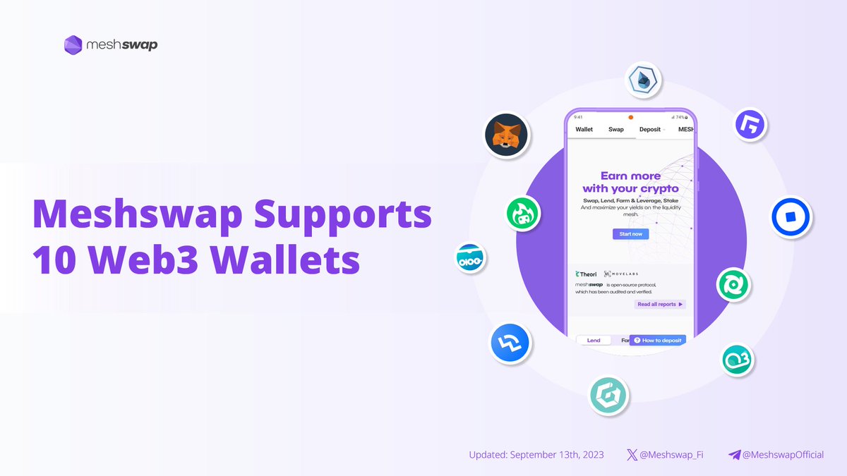 📢Meshswap Magazine @Meshswap supports 10 wallets in total❗️ Earn more with your crypto ▶️meshswap.fi @AhnLab_ABC @CoinbaseWallet @DCENTWALLETS @fortmatic @HaloDotSocial @iTokenWallet @MetaMask @O3_Labs @portis_io @WalletConnect #DeFi #DEX #Meshswap @Megaton_Fi