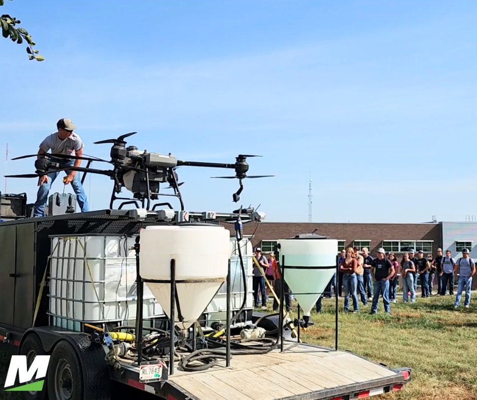 2023 #MTCPrecisionAg graduate Aaron Sundquist, who is now enrolled in the #MTCEntrepreneurship program, demonstrated drone spraying techniques on behalf of his business, AccurAg Aerial Solutions, recently at #MitchellTech. #BeTheBest