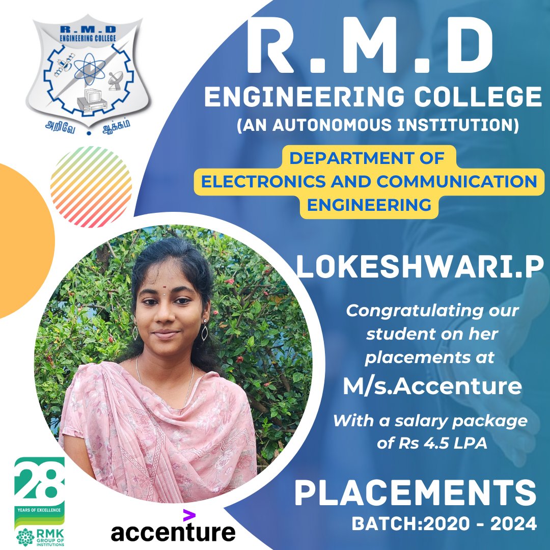 Congratulations to our ECE Student Ms.Lokeshwari.P for getting placed in Accenture with a salary package of Rs.4.5 LPA. 
We wish you a bright professional career ahead💐
#ece #rmkgroupofinstitutions #rmdengineeringcollege #placements2024 #oncampus