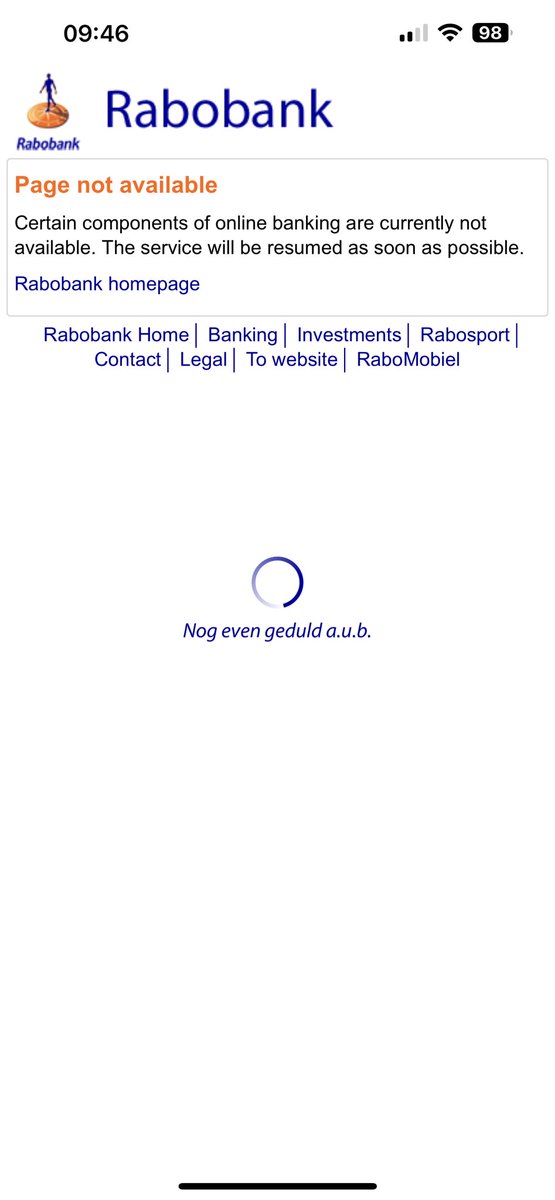 Bant87's tweet photo. @Rabobank hebben jullie weer storing? Ik krijg dit scherm als ik wil inloggen in de app. https://t.co/ma2t2gWvQB
