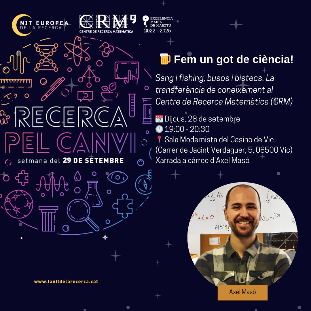 CRMatematica's tweet photo. Torna la #NitRecerCAT, amb la participació dels investigadors Axel Masó i @giodalmasso.

🍺Fem un got de ciència!
🗓️28/09
🕒19h
📍Sala Modernista del Casino de Vic
____

🔬La investigació a escena
🗓️29/09
🕒20h
📍Museu de la Ciència CosmoCaixa (Barcelona)

https://t.co/YOy3RjhTKj https://t.co/N4ffZn0M2b