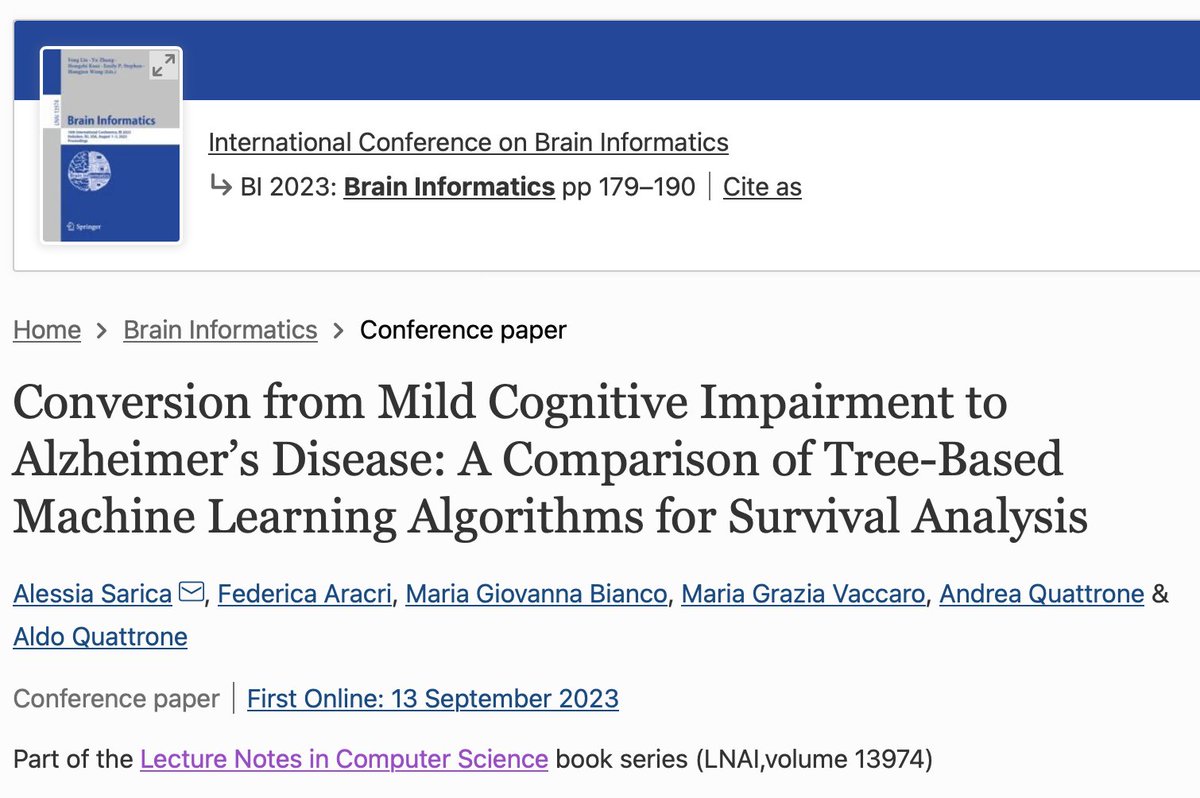 AlessiaSarica's tweet photo. Tree-based #machinelearning algorithms for #survivalanalysis improves risk prediction of conversion to Alzheimer's #RandomSurvivalForest #ConditionalSurvivalForest #ExtraSurvivalTrees Freshly baked work with @Mgiobi @andreaquattro and Prof. @AldoQuattrone https://t.co/wEAGtfrf7P https://t.co/8wQgO4RGhY