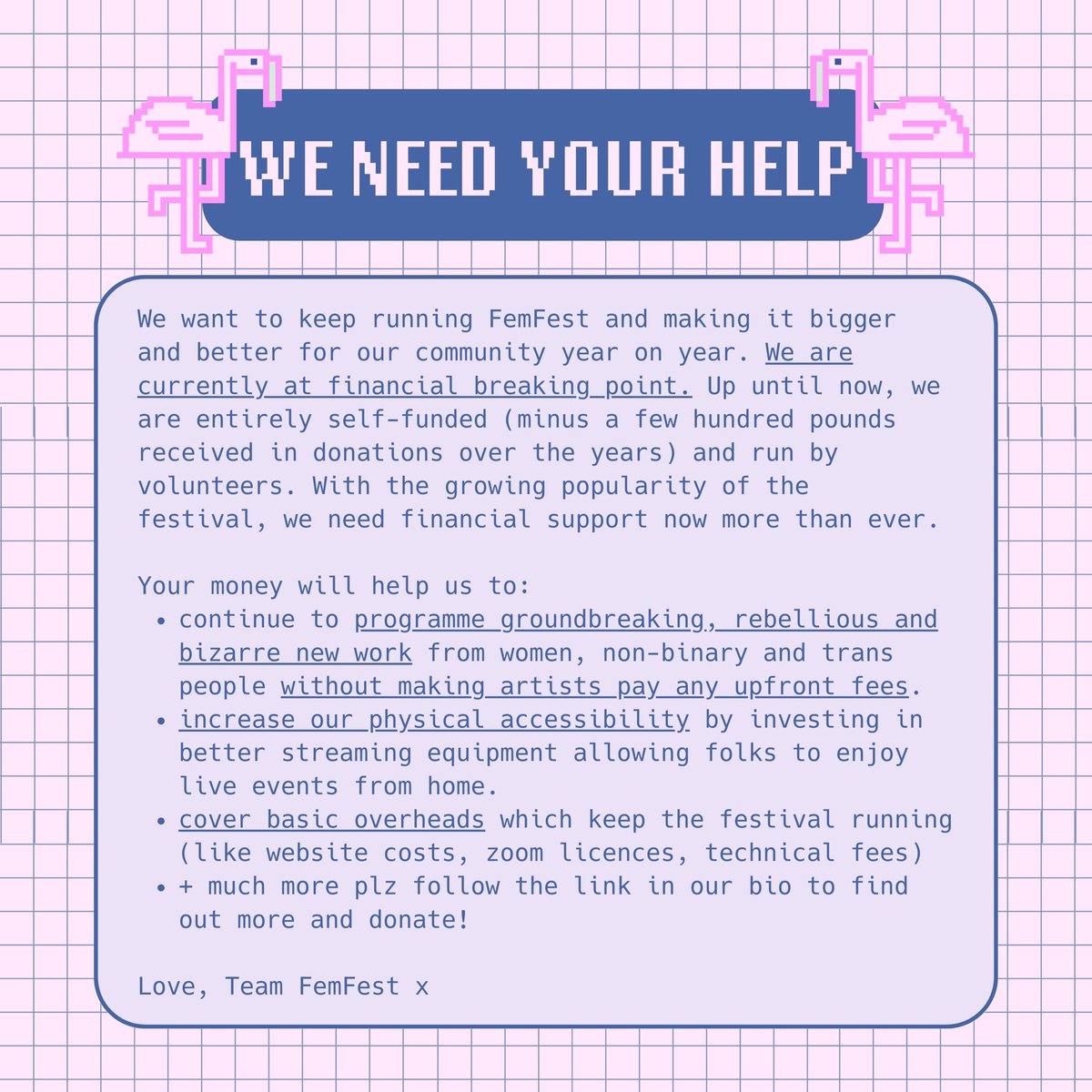 femfestbrighton's tweet image. 🥹 FemFest is at financial breaking point.🦩

✨ please share + donate if you can, to allow us to keep championing new work from early career artists with no upfront fees as well as making the festival accessible for audiences. 💗

fundraiser + more info: gofund.me/54b849a8