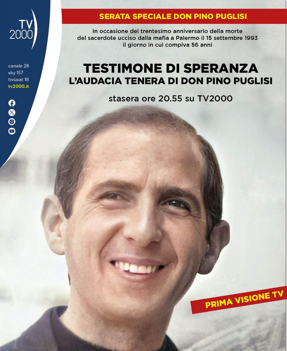TV2000it's tweet photo. Appuntamento su #Tv2000 #13settembre

🔹ore 20.55 "Testimone di speranza, l'audacia tenera di Don Pino Puglisi"

in occasione del trentesimo anniversario del sacerdote ucciso dalla #mafia a Palermo

#guidatv #film #storieitaliane #biopic #informazione  #cinema #DonPuglisi https://t.co/rJnpUC2Wal