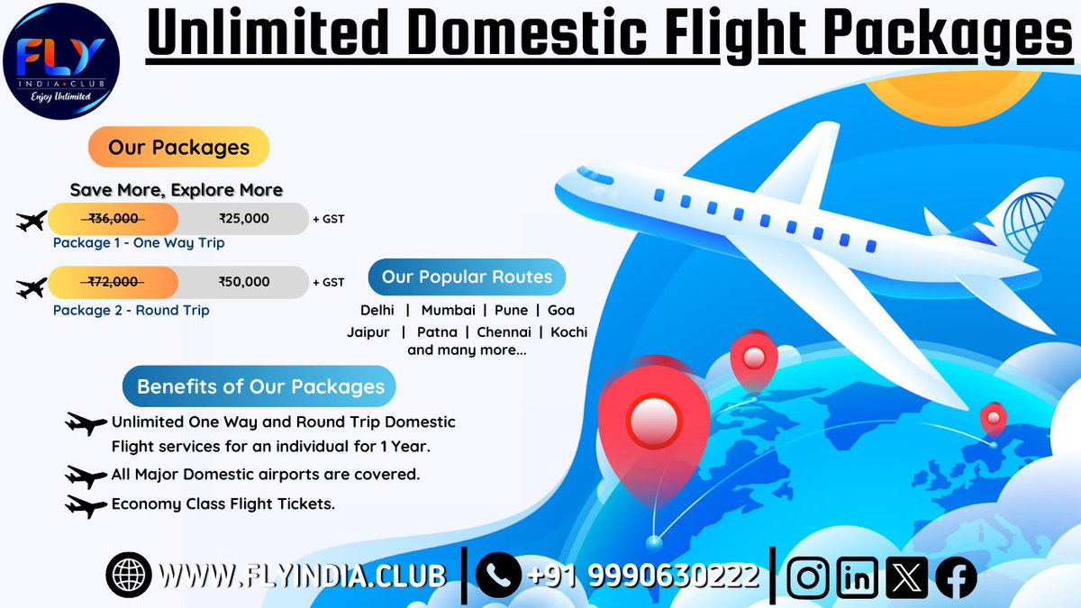 Discover the beauty of India, one flight at a time. FlyIndia.Club makes every journey an unforgettable experience.
For more information visit our website or contact us at +91 9990630222
#unlimitedflightpackages #Unlimitedflights #cheapflights #FlightServices #flyindia