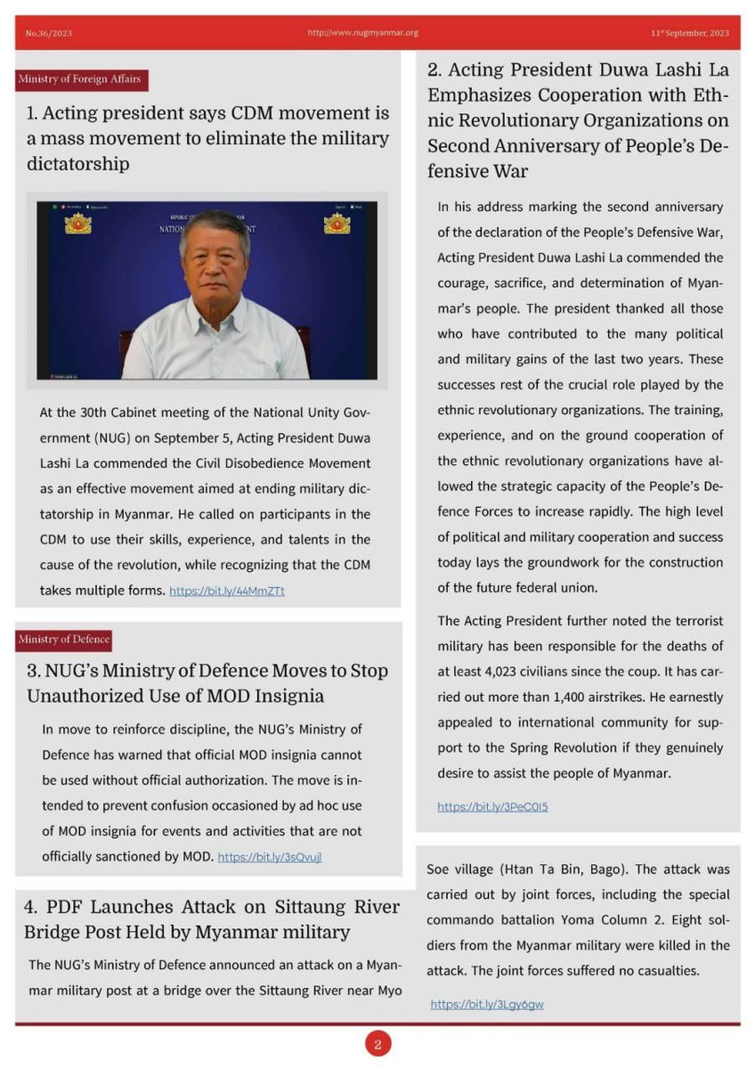 NUGMyanmar's tweet photo. National Unity Government Weekly Press Update (36 / 2023)
Download Link - https://t.co/XfAsyTTTlr
#NationalUnityGovernment
#WhatsHappeningInMyanmar https://t.co/V0arhI6wnk