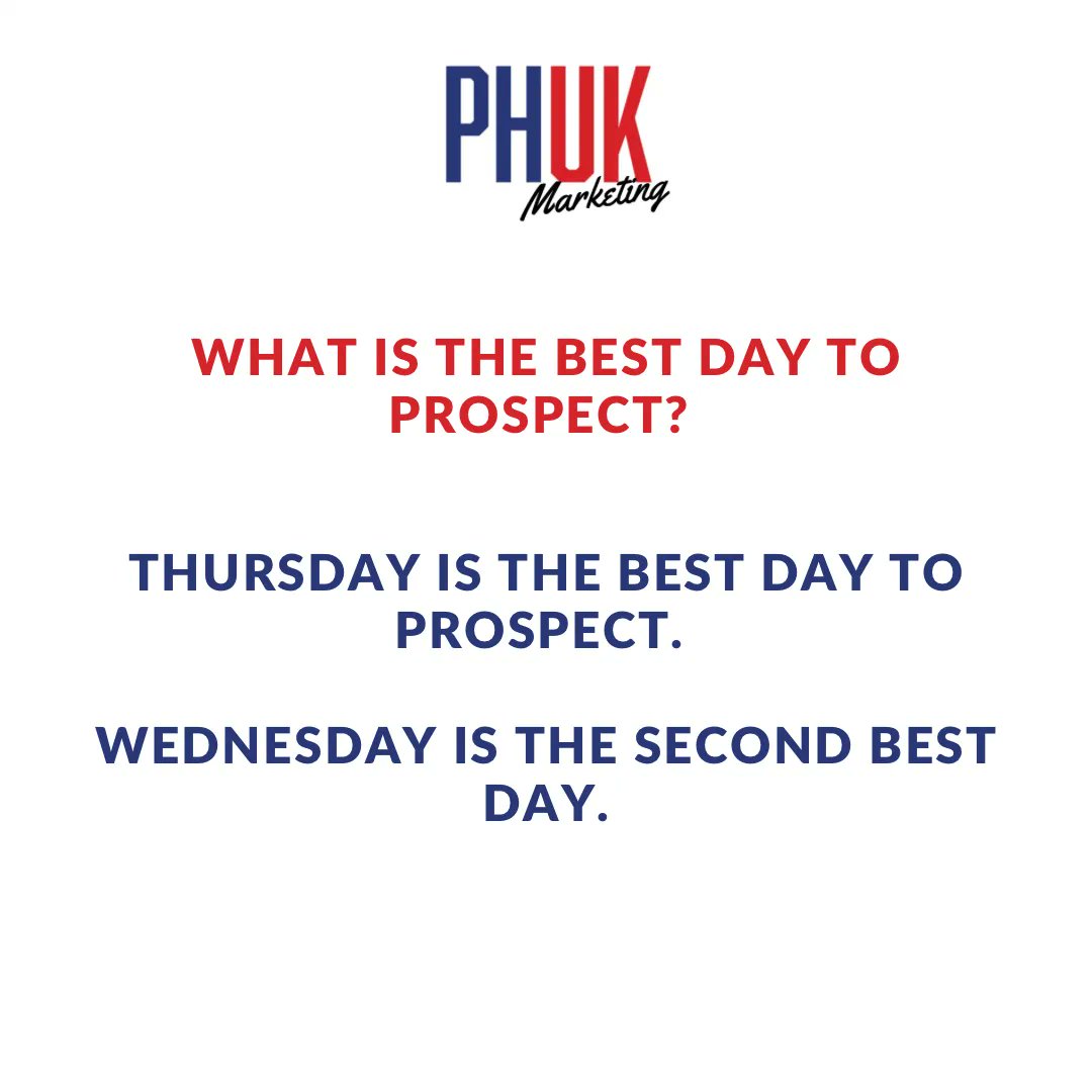 Don't let this stat stop you from prospecting on Monday, Tuesday, Friday, and the weekend. Every day should be a prospecting day. 

But it is Wednesday today!!! Go get ‘em!

hello@PHUKMarketing.com

#DigitalMarketing #MarketingAgency #SocialMedia #SocialMediaMarketing #Manchester