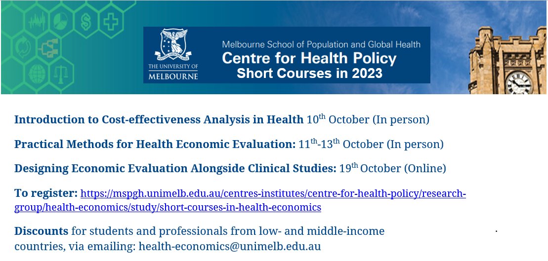 We are excited about our upcoming short courses in October. See details below. #healtheconomics #QALYs #ICERs @unimelbMSPGH @HealthPolicyUoM mspgh.unimelb.edu.au/centres-instit…