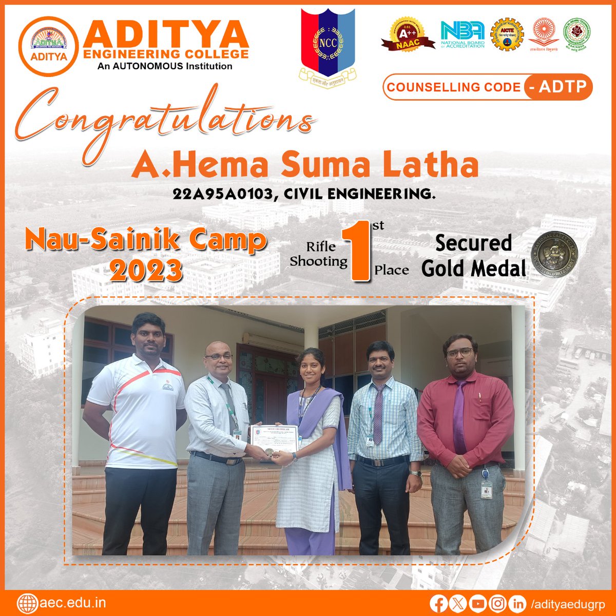 AdityaEduGroup's tweet photo. Congratulations to A. Hema Suma Latha, a Civil Engineering student from Aditya Engineering College, for securing the 1st place and winning the Gold medal in Rifle Shooting at Nau-Sainik Camp 2023! 🥇🎯 Your dedication and skill are truly commendable. Keep aiming for success! #NCC https://t.co/12tzmfaMGw